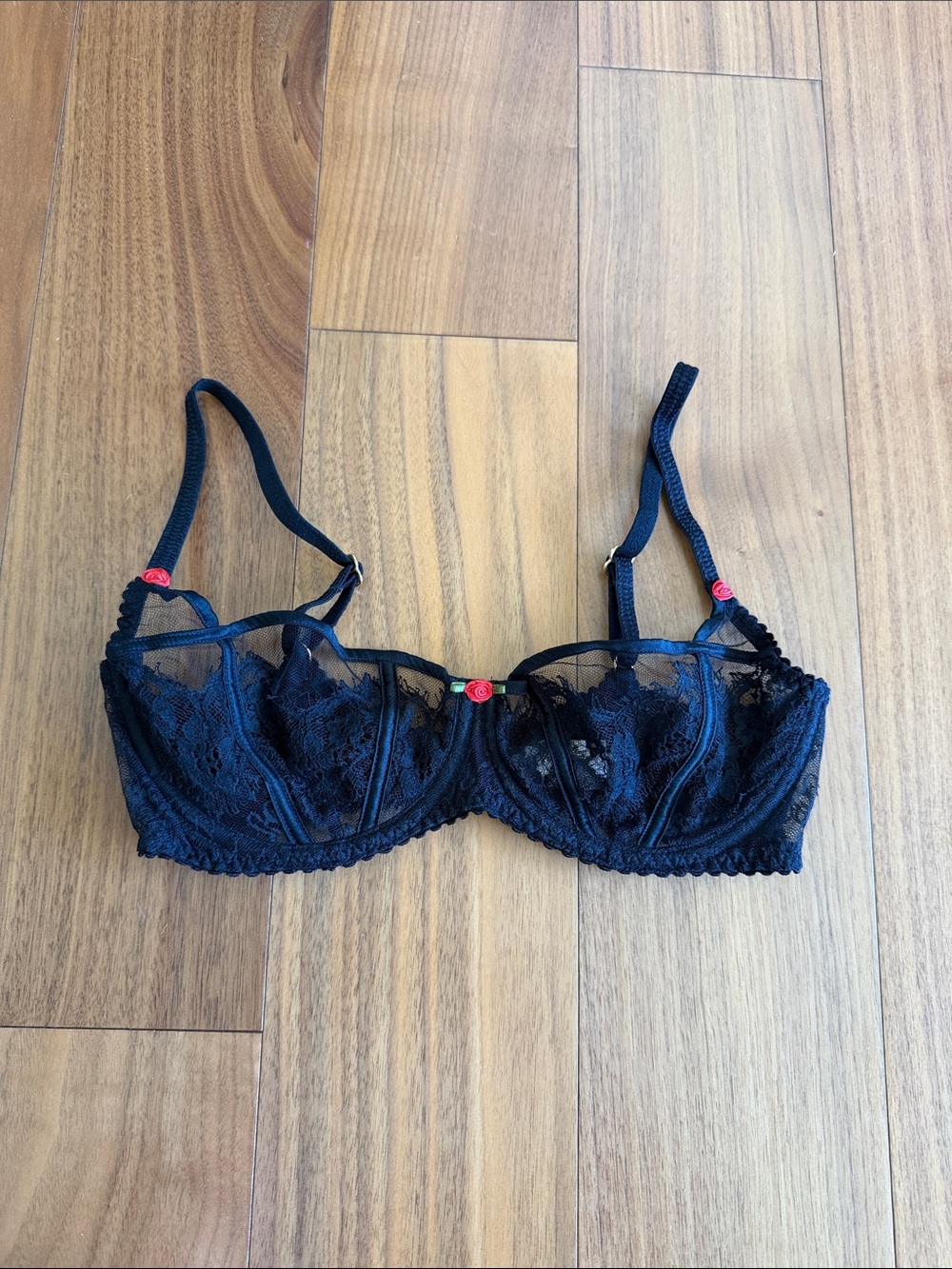 Agent Provocateur Sheer Black Lace Underwire Bra with Pink Rose Accents
